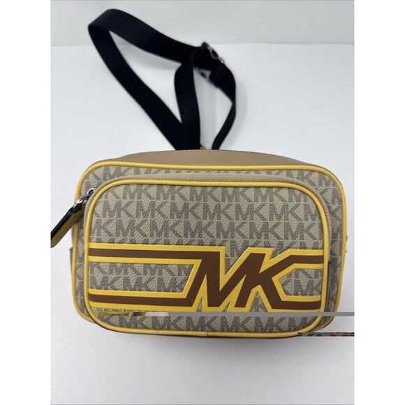 MICHAEL KORS Cooper Graphic Logo Sling Pack Yellow Brown NICE - Picture 2 of 12